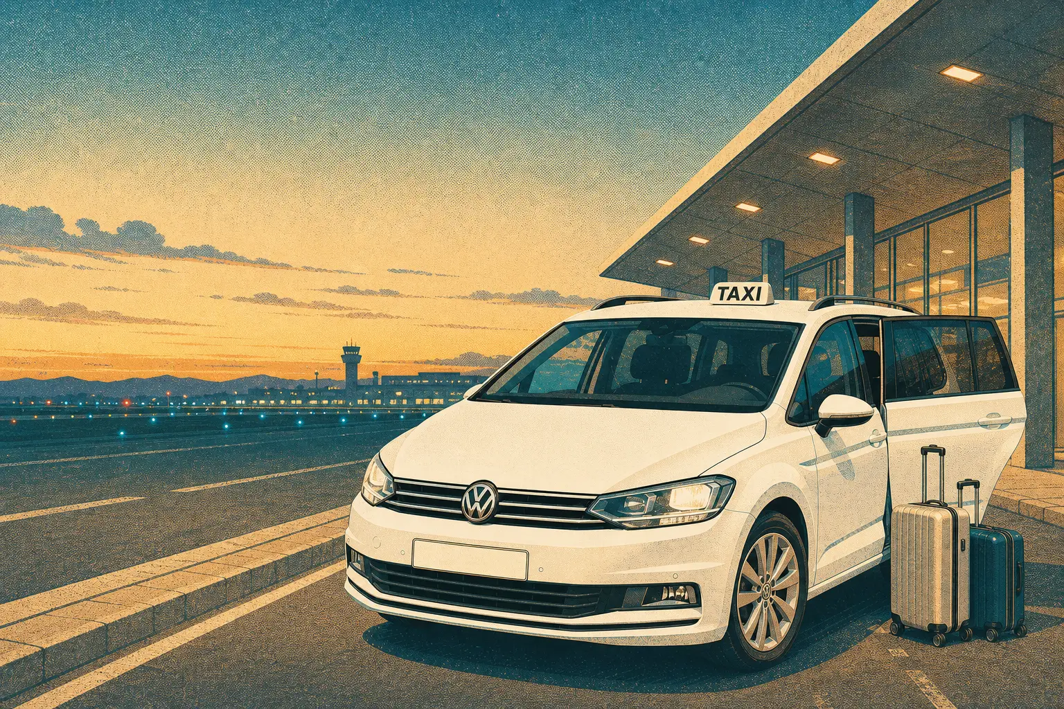Taxi bianco in arrivo al terminal aeroportuale con bagagli pronti