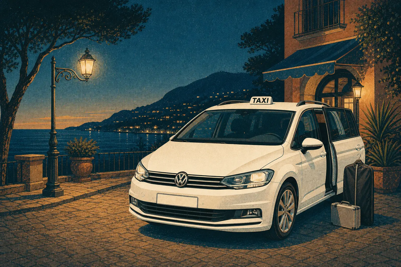 Taxi bianco di sera davanti a un albergo della costa