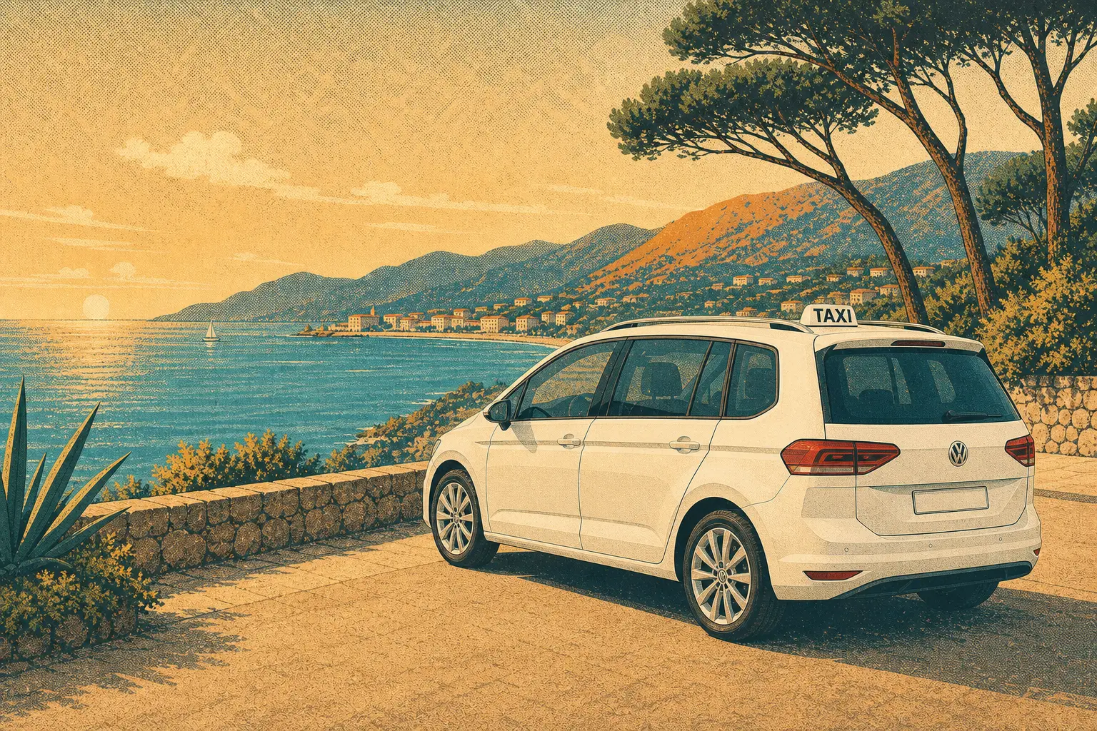 Illustrazione rétro della Touran taxi bianca sul lungomare di Vindicio verso sera